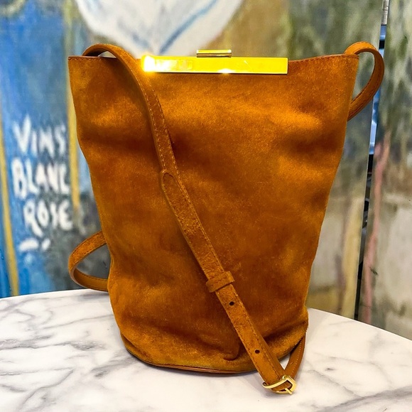 Khaite Etta Suede Bucket Bag Leather Crossbody Brown Gold Frame GUC - Picture 2 of 12